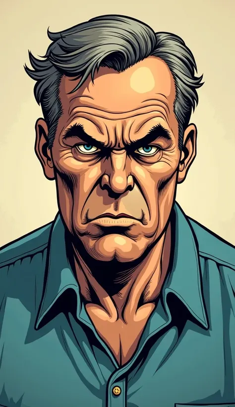 Old school comic picture of a man looking angry wearing a blue shirt 