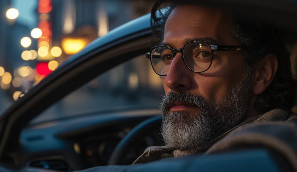 ((masterpiece)) ((photography)) ((highest quality)) close-up of a bearded man driving a luxurious brown maserati on a parisian s...