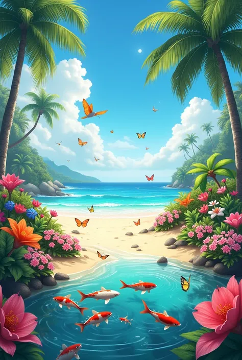 A beach with lot of flowers and butterflies and birds and koi fish 