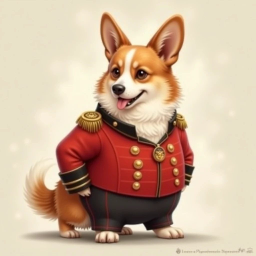 The Corky dog wears a red military nobleman suit, tucked sideways to the left.