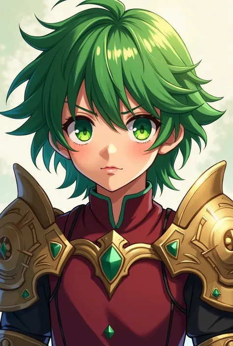 Create an anime-style image of a green-haired, green-eyed boy wearing a burgundy shirt and armor