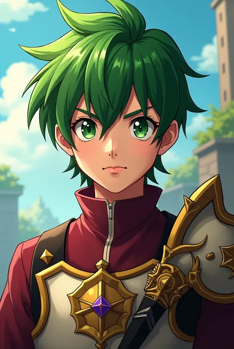 Create an anime-style image of a 17-year-old green-haired, green-eyed boy wearing a burgundy shirt and armor