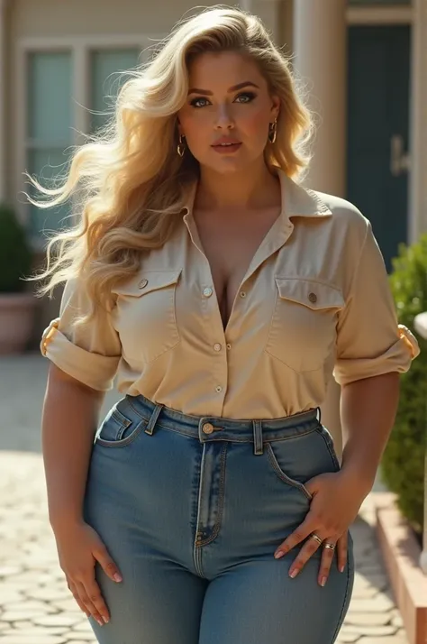 retro style, beautiful female model, glamorous body, Plump body, long haired person, curly hair, blonde, smooth skin, blue eyes, flashy makeup, beige lips, dark eye makeup, tight jeans and shirt, realist, outdoor, super realistic 8K, super detailed and rea...