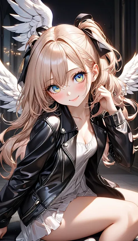 conceptual installation kawaii art, cute woman, shy smile, shiny silky disheveled hair, make up, amorous and lewd expression, long thick eyelashes, captivating large eyes, cortesy, elegance, dignity, superlative body proportion, wearing pale-colored angel ...