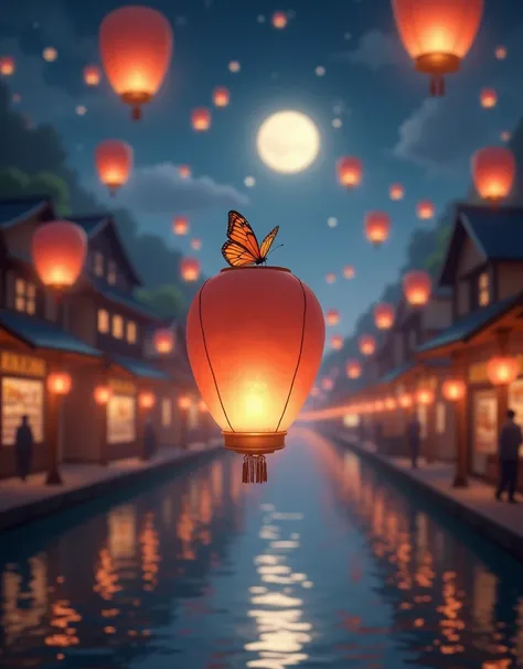 floating lanterns in the night sky. small river, with shops along the river. river and sky filled with lanterns. full moon. bokeh, focusing on a floating lantern where a butterfly is resting on it, and the moon blurry at the back.