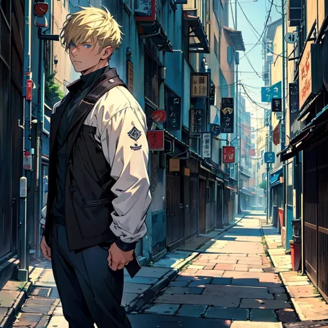 a young man, short blonde hair, no bangs, light blue eyes, black clothes, manly face features, sharp jawline, soft expression, natural dark circles under his eyes, detailed background, street background, mute color palette, calm, nonchalant, full body