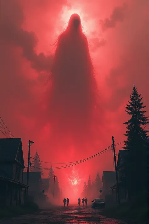 A giant ghost terrorizing a town, covering it in a reddish fog 