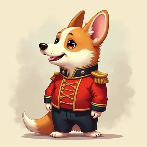 The Corky dog wears a red military nobleman suit, tucked sideways to the left.