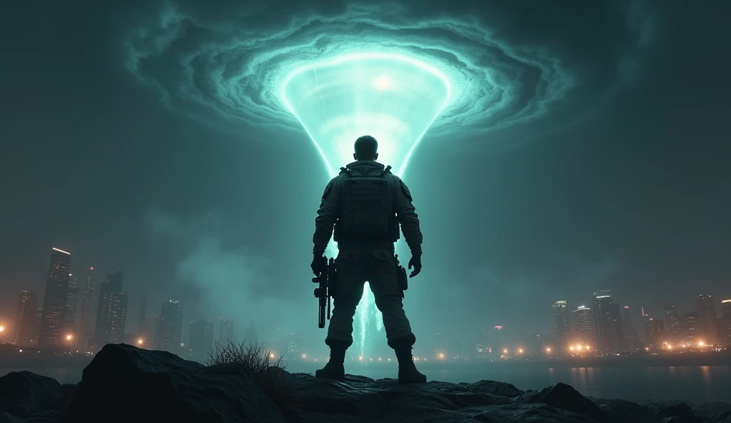  realistic, Night, city, a modern soldier with weapons in his hands looks angrily into the sky where the portal opened, a funnel comes out of him, 