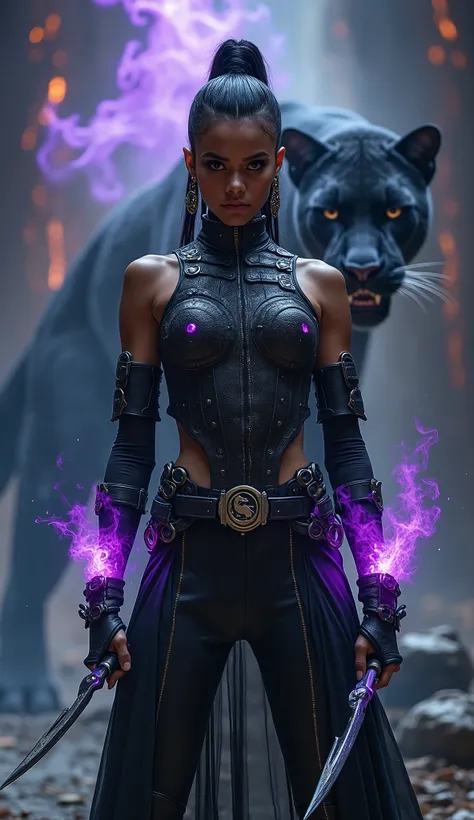 Zendaya is wearing a Mortal Kombat-based outfit. Make a tight black leather outfit with metal plates and bright violet details. She will be facing the photo. Her face has to be facing the camera, doing a martial arts pose. She is controlling the sinister m...