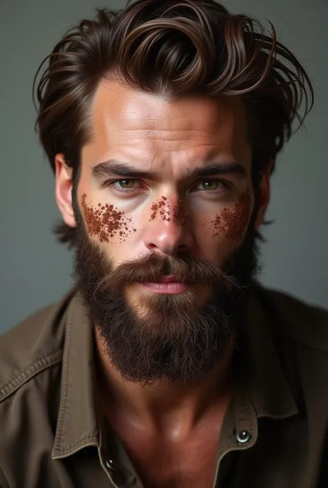 The handsome bearded guys face is slightly sprinkled with chocolate 