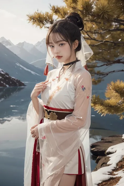 tmasterpiece,Best quality,8k,offcial art,super high resolution,1 busty girl,looking at viewert,Chinese clothes,Hanfu,jewely,hair adornments,upper part of body,alone,ear nipple ring,snow mountains,ruins,Flowers,black hair color hair,choker necklace,teeth,ha...