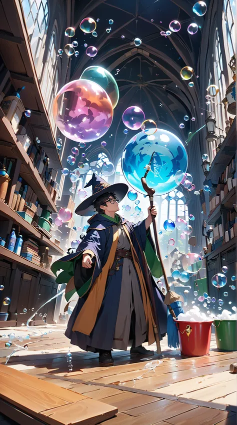 score_9, score_8_up, score_7_up, score_6_up, masterpiece, best quality, 4k, high res, extreme wide shot, a wizard cleaning, wizard (boy, glasses, robe, wand, pointy hat, determined, sweating), (bubble:1.5), water bucket, foam, floating mop, floating duster...