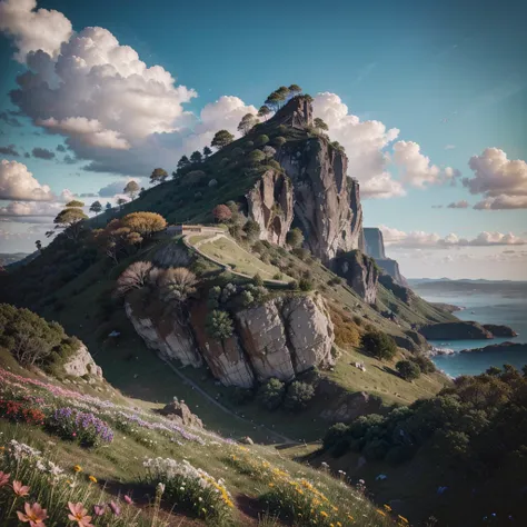 a cliff many flowers, colorful flowers, beautiful sky, matte painting 8k, matte paint 8K, vertical wallpaper 8K, vertical wallpaper 8K, vertical wallpaper 4K, vertical wallpaper 4K, lost series, realistic fantasy rendering, digital painting with 8K resolut...