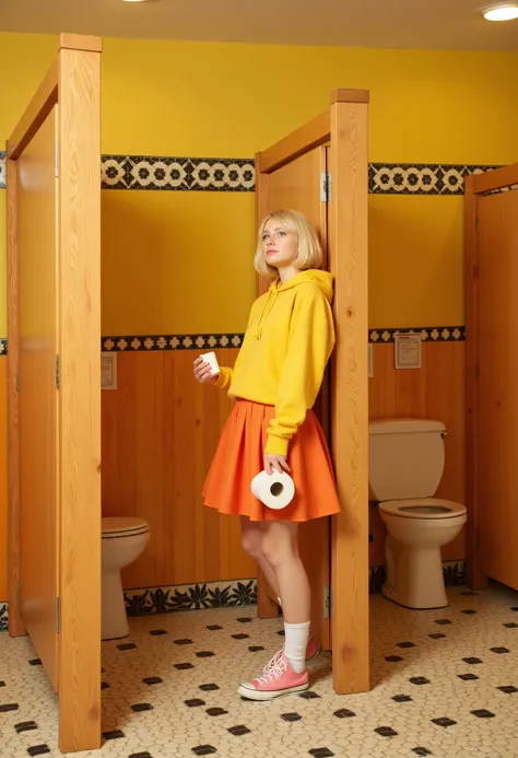 a public womens bathroom, it has 3 cubicles which have wooden screens, with white toilets inside, it is yellow with orange divided by black and white mosaics, ivory mosaic floor. It is being occupied by a blonde girl with short straight hair, green eyes. S...