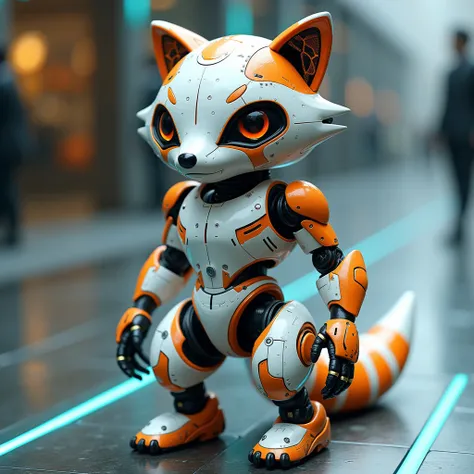 A futuristic robotic taping bot racoon with a sleek metallic body, featuring a clean white and orange finish combined with blue glowing neon lines and intricate cybernetic details.