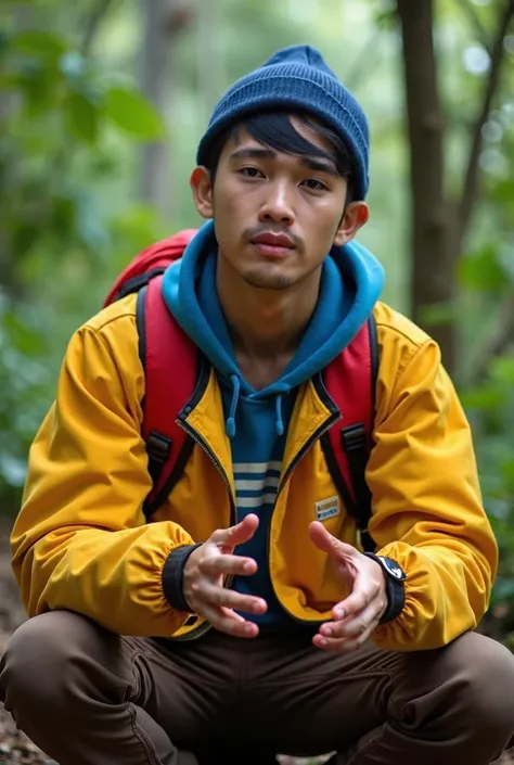 Real human. Photo, habib is Indonesian  young man, short straight black hair, white skin, black expressive eyes, medium body,  zippednup wearing yellow jacket, brown  pant, blue beannie, carrying red backpack,  he is sitting downn on the ground hands gestu...