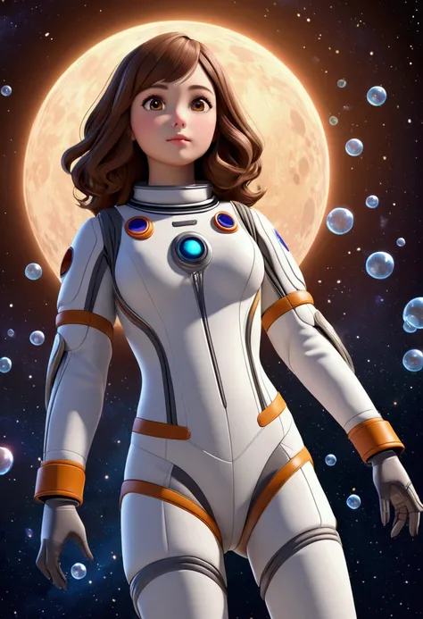 (( best quality )), (masterpiece)), (details: 1.4), 3d,  Pixar style ,  high res, (masterpiece: 1.4), Super Fine, Magical Bubbles floating everywhere,  beautiful girl 1 person, Futuristic female figure ,  shiny brown hair,  beautiful brown eyes ,  beautifu...