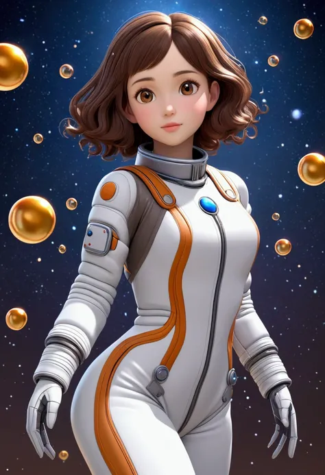 (( best quality )), (masterpiece)), (details: 1.4), 3d,  Pixar style ,  high res, (masterpiece: 1.4), Super Fine, Magical Bubbles floating everywhere,  beautiful girl 1 person, Futuristic female figure ,  shiny brown hair,  beautiful brown eyes ,  beautifu...