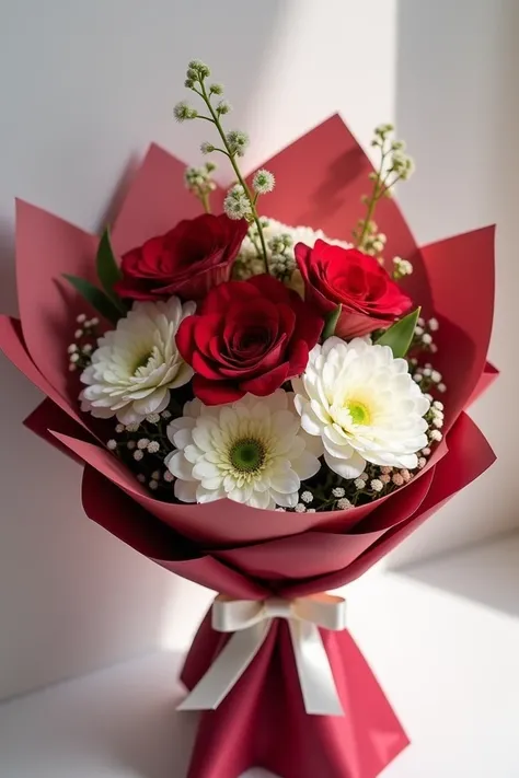 5 flower bouquet with 3 red on top and 2 white on bottom with red wrap and white ribbon