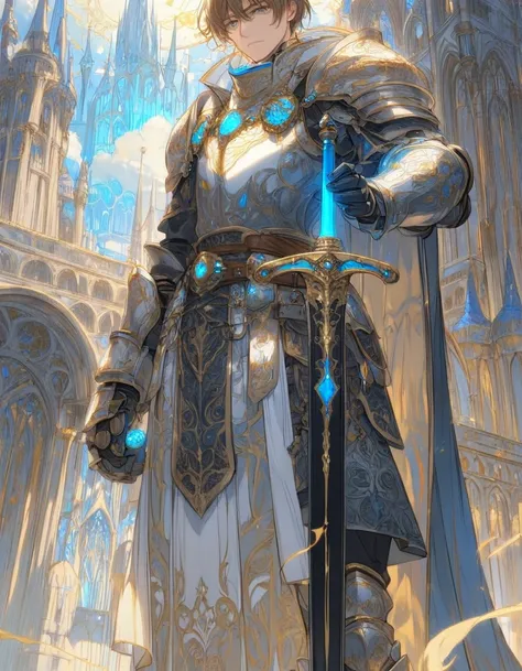 The knight has shoulder-length wavy brown hair and wears ornate dark gray armor adorned with gold accents, featuring elaborate scrollwork, engravings, and light blue stones. His chest plate is decorated with two circular medallions containing intricate blu...