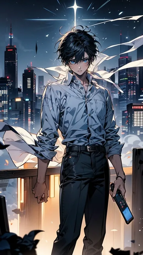 “A 17-year-old Japanese high school boy with short, messy black hair and dark, intense eyes. He wears a simple school uniform consisting of a white shirt and dark pants, but his posture is tense, revealing the weight of the secrets he’s carrying. His face ...