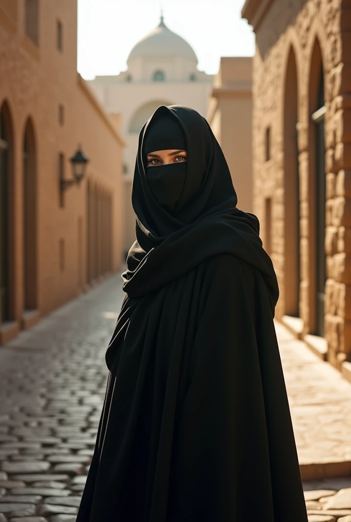 (Best quality, 8K resolution, (really, photoreally:1.37))  A girl wearing Arabic clothes ,  wearing a black cloak ,  a black veil covering the head ,  and a black niqab hiding the mouth ,  standing on a cobbled street lined with strong stone buildings.  th...