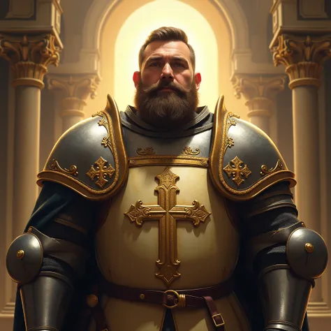  Catholic Knight,  short hair , beard, corpulent, Aura of Light , Benevolent, hopeful