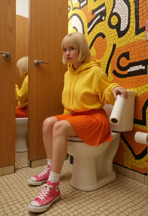 a public womens bathroom, it has 3 cubicles which have wooden screens, with white toilets inside, it is yellow with orange divided by black and white mosaics, ivory mosaic floor. a toilet bowl It is being occupied by a blonde girl with short straight hair,...