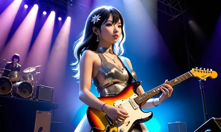 22-year-old female、A superb beauty、Standing alone on stage、Flashy lighting、 is playing an electric guitar、 bust on stage seems to fall apart