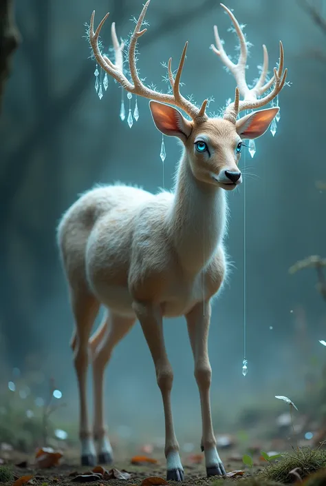 A deer with long and thin legs ,  its horns are thin and delicate with some crystals hanging from an almost invisible string that left them hanging,  its coat is very light brown and its eyes as blue as crystals 