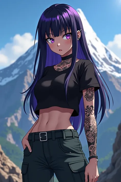  Screenshot of My Hero Academia
Girl with long straight hair,   in black and the tips in purple  , with bangs,   purple eyes, He has a serious expression,   has a piercing in his ear and nose  ,   big lips,   has tattoos on his neck  ,   long eyelashes  , ...