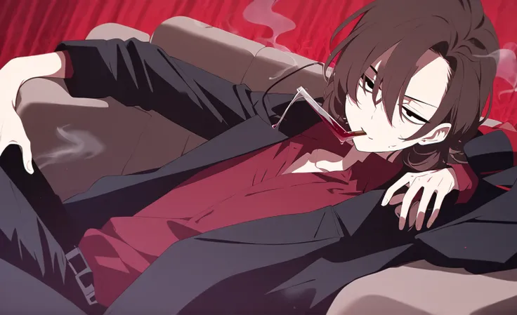 1boy,  brown hair,  medium length hair,  Sloppy hairstyle ,  Shoulder-length hair,  Black eyes ,  red shirt, black jacket, black trousers, black shoulder coat. Sits on the couch. Smokes. Holds red wine. Red colors