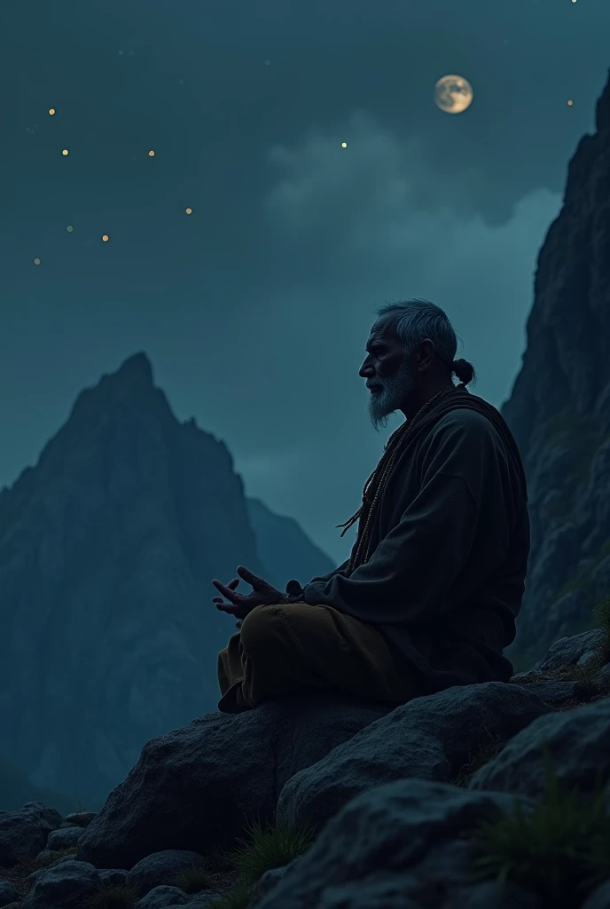 A solitary Indian priest sits cross-legged on a rugged mountain peak, cloaked in shadows under a moonless sky. The faint glow of distant stars barely illuminates his serene face as he meditates in stillness, surrounded by jagged rocks and whispering winds....