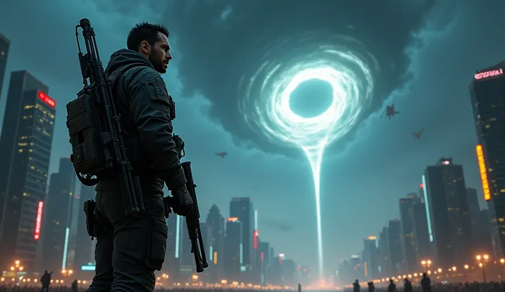  realistic, Night, city, a modern soldier with weapons in his hands looks angrily into the sky where the portal opened, a funnel comes out of him, aviation can be seen