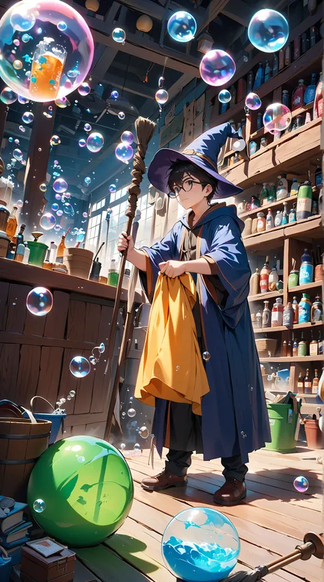 score_9, score_8_up, score_7_up, score_6_up, masterpiece, best quality, 4k, high res, extreme wide shot, a wizard cleaning, wizard (boy, glasses, robe, wand, pointy hat, determined, sweating), (bubble:1.5), water bucket, foam, floating mop, floating duster...