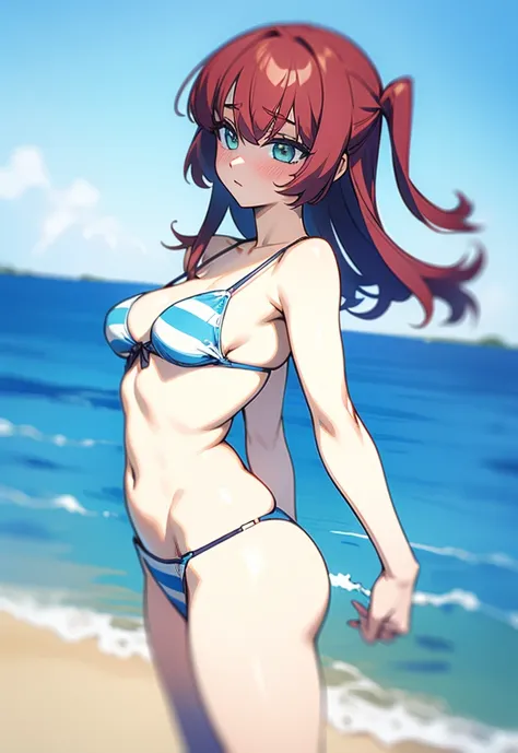  From the correct human body structure、8k,masterpiece,   best quality , blush、 anime girl、 white and light blue striped bikini from the exact human body structure、White background、 bust up、Place your hands behind your back