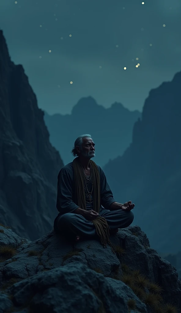 A solitary Indian priest sits cross-legged on a rugged mountain peak, cloaked in shadows under a moonless sky. The faint glow of distant stars barely illuminates his serene face as he meditates in stillness, surrounded by jagged rocks and whispering winds....