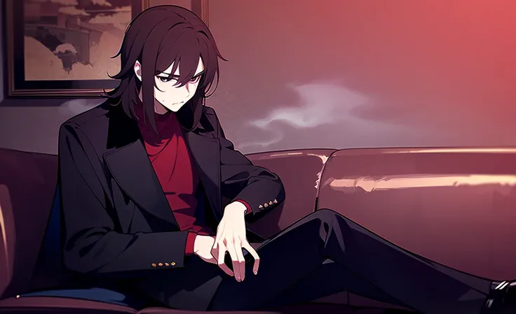 1boy,  brown hair,  medium length hair,  Sloppy hairstyle ,  Shoulder-length hair,  Black eyes ,  red shirt, black jacket, black trousers, black shoulder coat. Sits on the couch. Smokes. Holds red wine. Red colors