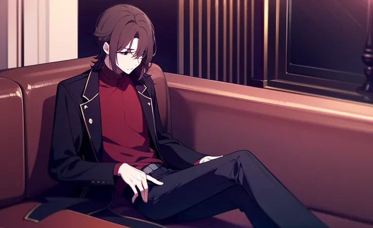 1boy,  brown hair,  medium length hair,  Sloppy hairstyle ,  Shoulder-length hair,  Black eyes ,  red shirt, black jacket, black trousers, black shoulder coat. Sits on the couch. Smokes. Holds red wine. Red colors