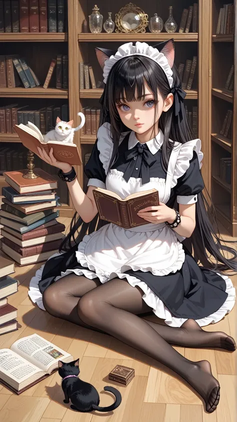   1 girl , Alone, Long Hair,  black hair,  dress, ribbon, holding,  animal ears ,  jewelry,  sitting , whole body, Short sleeve,  pantyhose , indoor, cat ears, apron,  bracelet, feet, Books, black  pantyhose , Maid, Maid head dress,  toes, wariza,  no shoe...