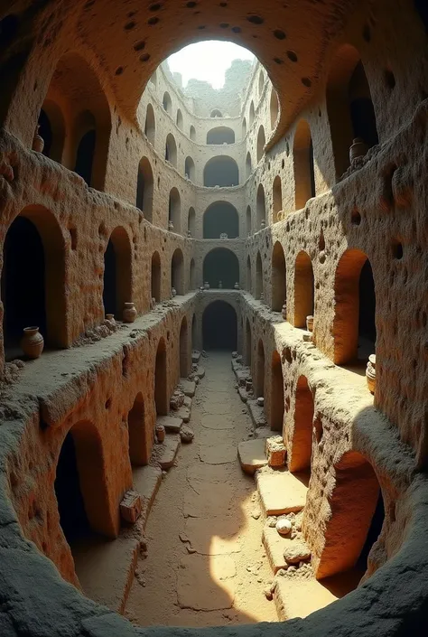 A panoramic view of Derinkuyu Underground City in Turkey, showing its deep, multi-level tunnels and ancient architecture. The passageways are narrow and winding, lined with stone doors and rooms carved into the volcanic rock. Some areas are empty, while ot...