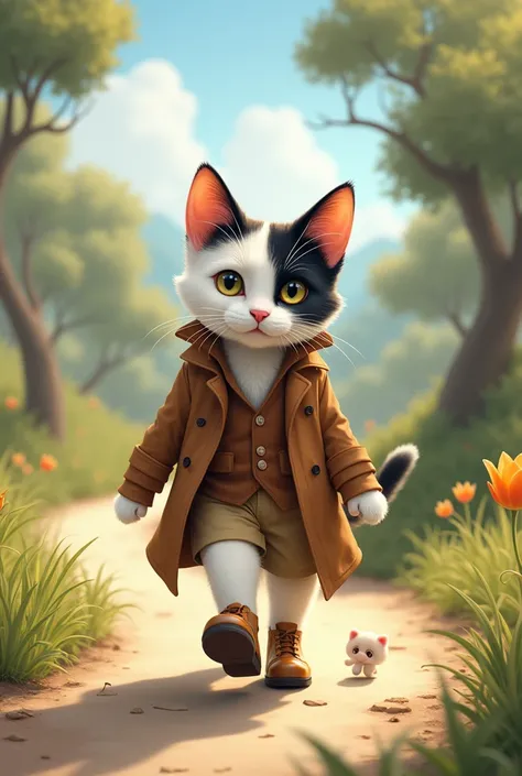 A cat ( white and black ) ,walk, road dress wearing brwon shotes ,shoes wearing,  ,coat  ,kitten 