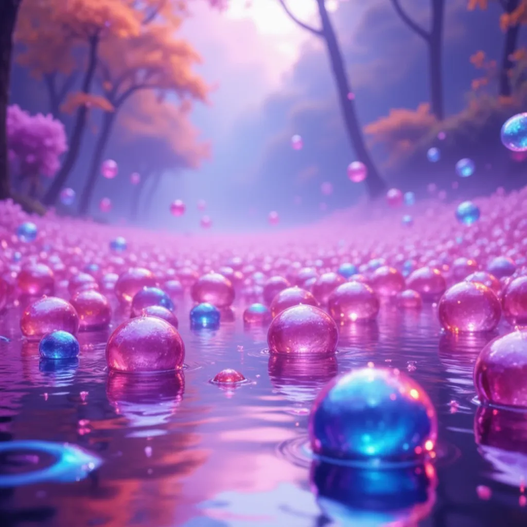 a magical bubble field, glowing neon bubbles, candy-colored lighting, soft focus, ethereal, (best quality,4k,8k,highres,masterpi...