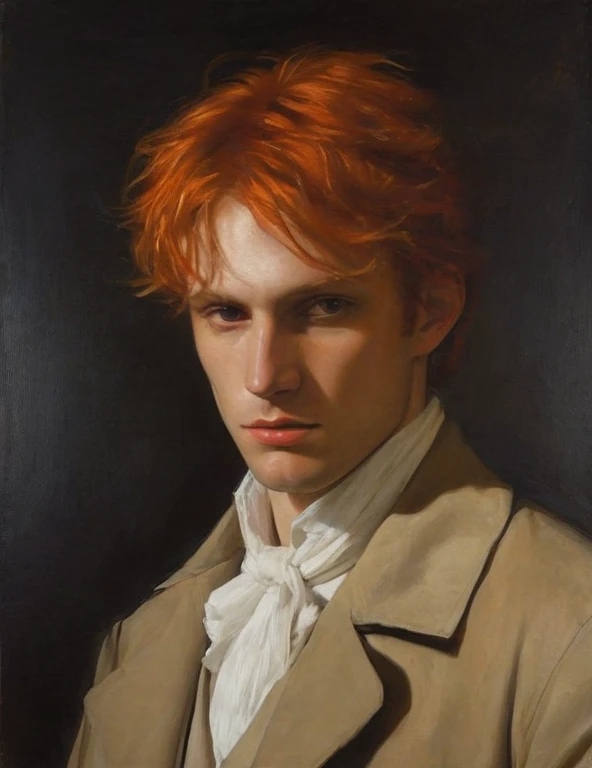 James Maca, surrealist art , like a dream, Mysterious,  provocative , Symbolic, Complex, detailed,, , (masterpiece,  highest quality :1.4) ,  Nicola Samori Style, Face of a man with red-orange hair,  with a determined and attentive face , is positioned in ...