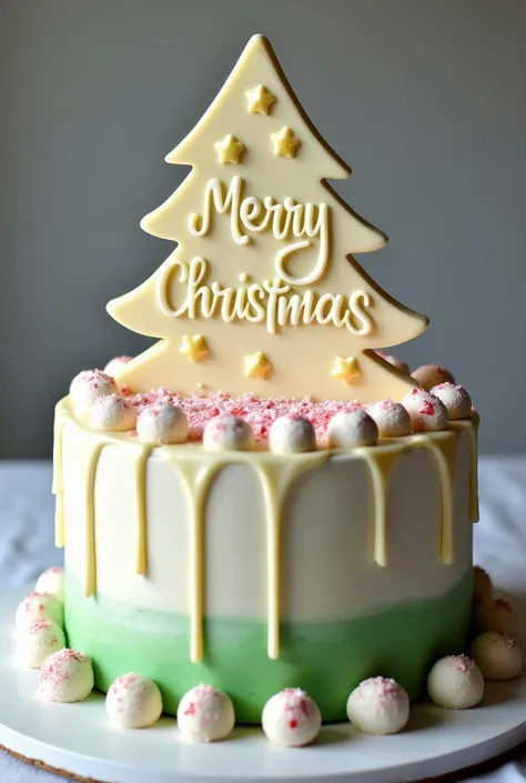 A Christmas cake it’s white cover with white icing and it has green icing at the bottom and top with white chocolate dripping at the sides and. A mold Christmas tree made form white chocolate at the top saying merryy Christmas with white chocolate marshmal...