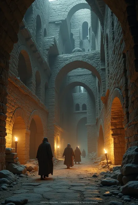 A vast underground city with stone-carved tunnels and chambers, dimly lit by torches. Ancient stone buildings, residential areas, and large open spaces. The walls are covered with faded carvings of daily life. In the distance, narrow paths lead deeper into...