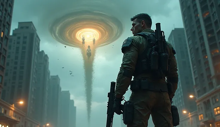  realistic, Night, city, a modern soldier with weapons in his hands looks angrily into the sky where the portal opened, a funnel comes out of him, flying ghosts are visible