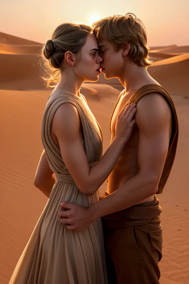 sandy blonde-haired young man (resembling mark hamill as luke skywalker) embracing a brown haired young woman (resembling daisy ...