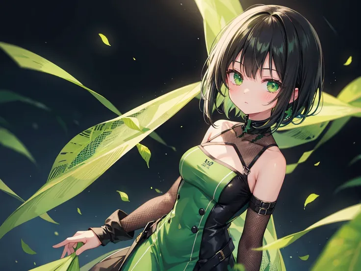  black hair, length, Green mesh, Green Eyes, Cute sleeves